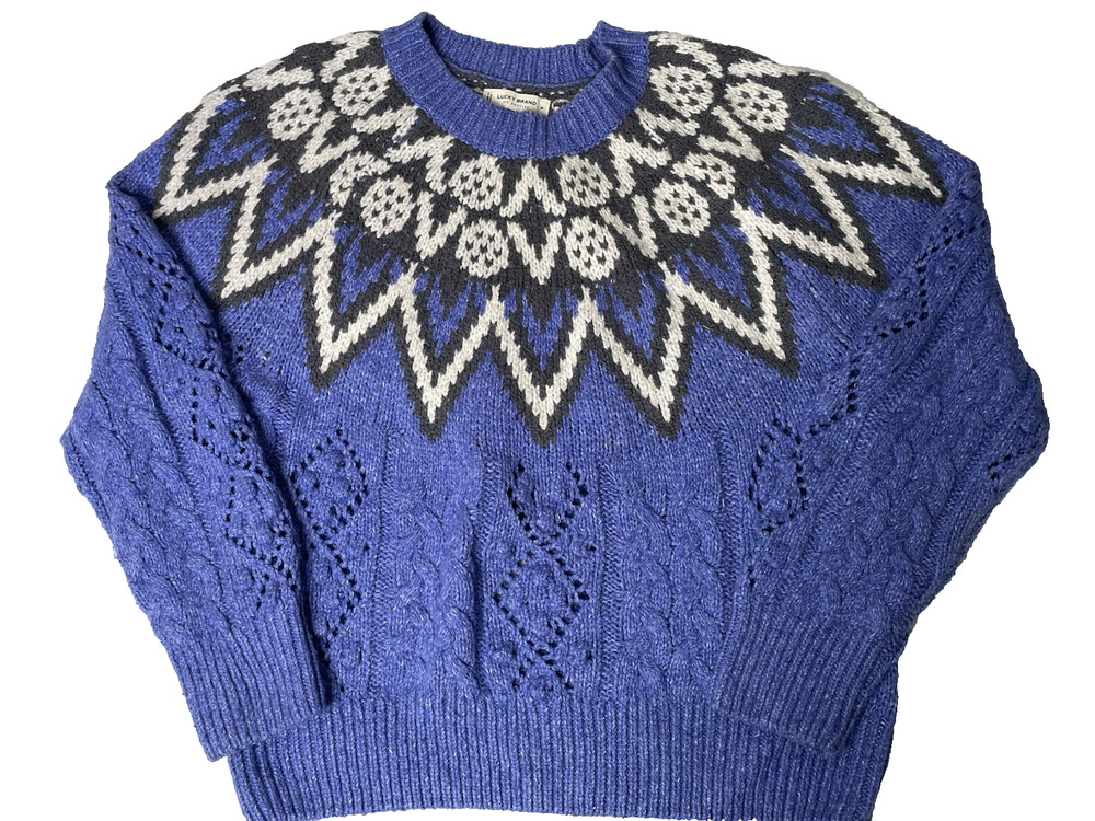 Lucky Brand Women’s Medium Blue Fair Isle Cable Knit Crewneck Pullover Sweater